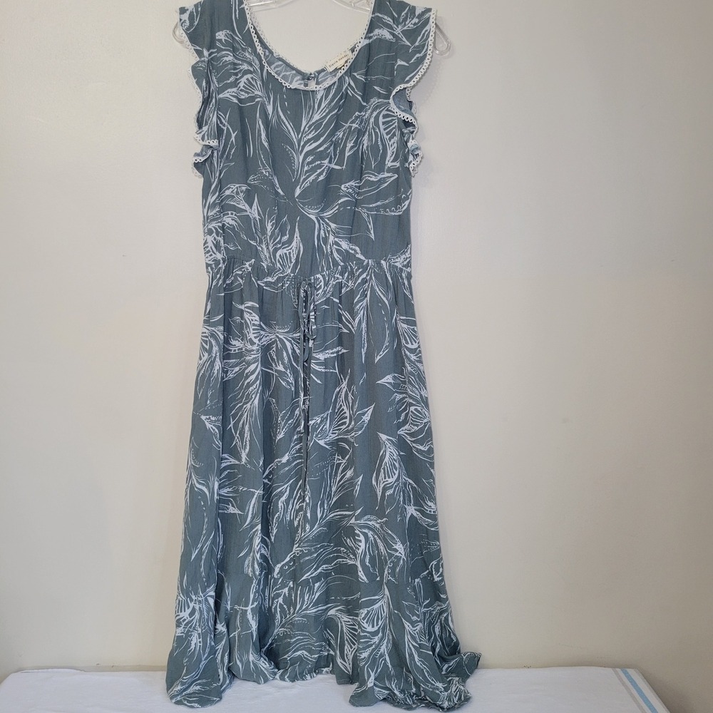Stevie Hender Sage Green Tropical Leaf Flutter Sleeve‎ Midi Dress Women's M
